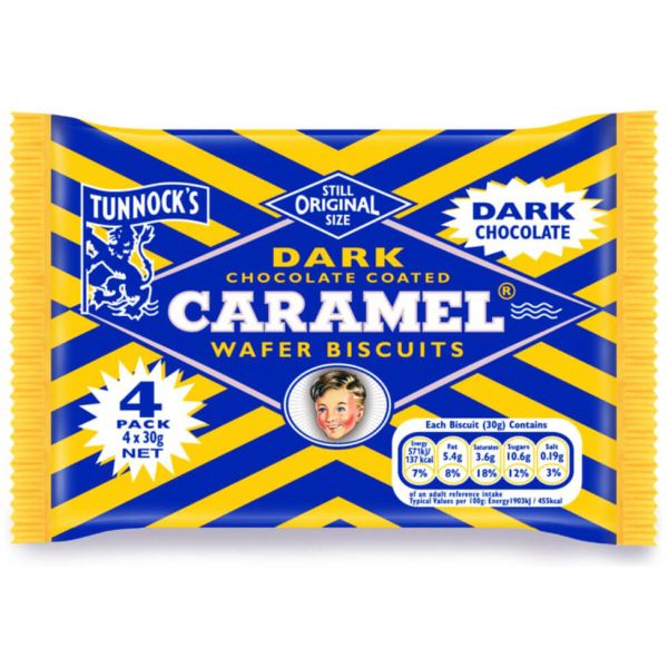 Tunnocks Dark Chocolate Caramel Wafer Biscuits, 4 x 30 g